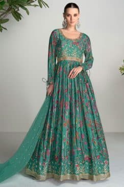 Green Chinon Digital Print Anarkali Gown