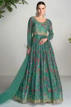 Green Chinon Digital Print Anarkali Gown