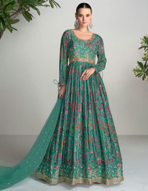 Green Chinon Digital Print Anarkali Gown
