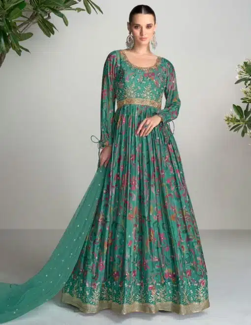 Green Chinon Digital Print Anarkali Gown