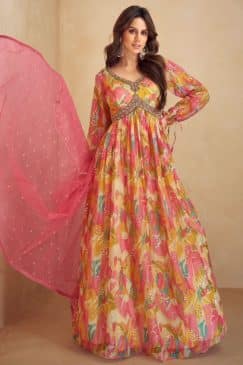 Multicoloured Chinon Digital Print Anarkali Gown