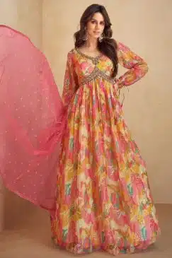 Multicoloured Chinon Digital Print Anarkali Gown