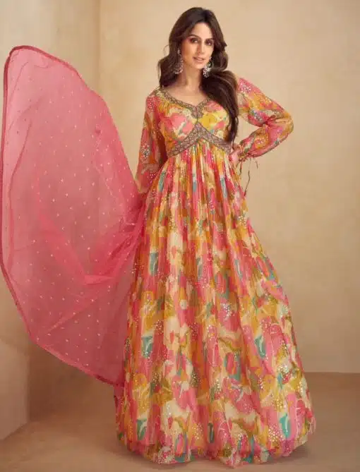 Multicoloured Chinon Digital Print Anarkali Gown