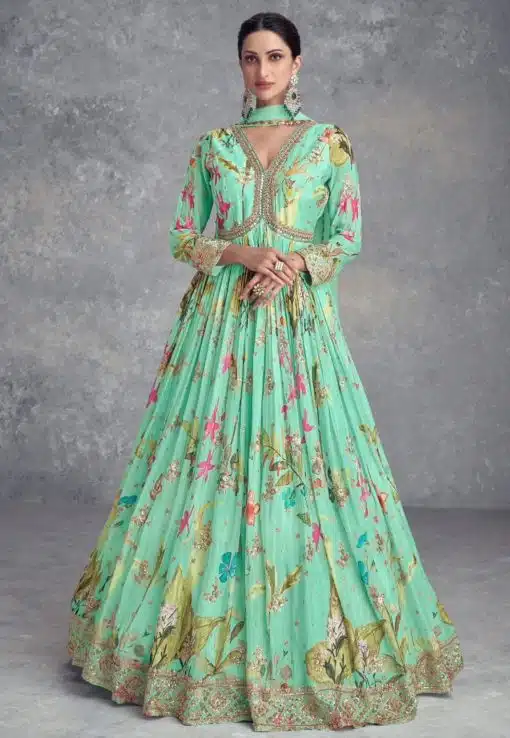 Light Green Chinon Digital Print Anarkali Gown