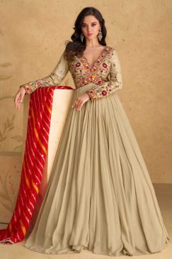 Beige Embroidered Floor Length Anarkali Suit