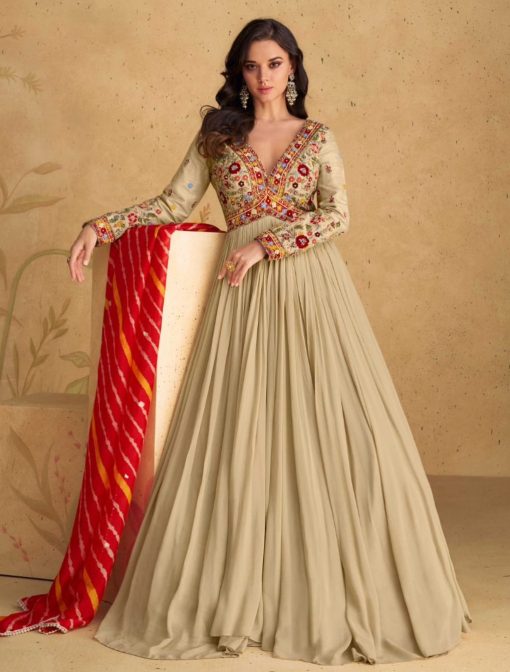 Beige Embroidered Floor Length Anarkali Suit