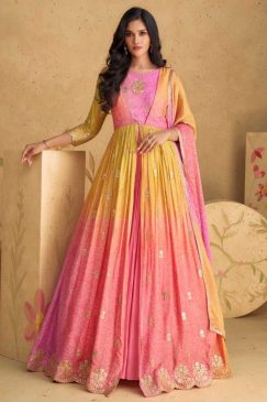 Pink & Yellow Embroidered Floor Length Anarkali Suit