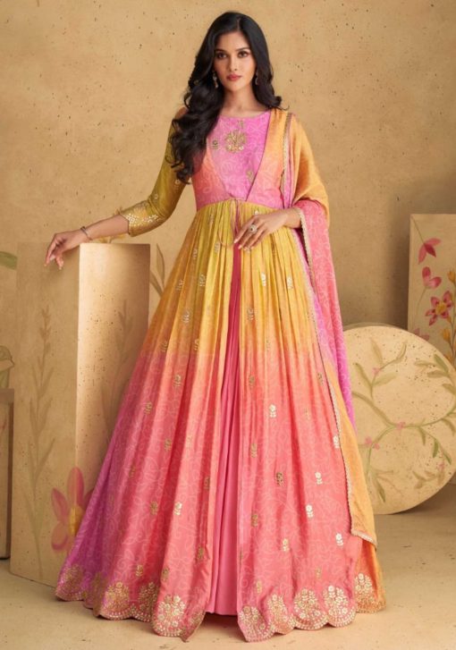 Pink & Yellow Embroidered Floor Length Anarkali Suit