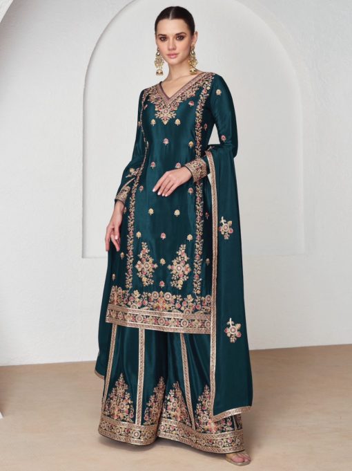 Teal Chinon Silk Embroidered Palazzo Suit