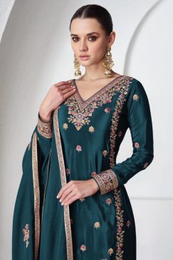 Alternative view of Teal Chinon Silk Embroidered Palazzo Suit