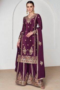 Dark Wine Chinon Silk Embroidered Palazzo Suit