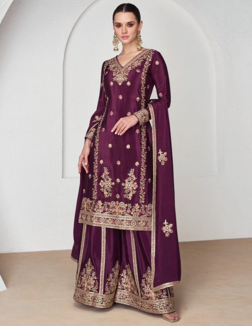 Dark Wine Chinon Silk Embroidered Palazzo Suit