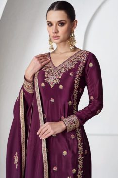 Alternative view of Dark Wine Chinon Silk Embroidered Palazzo Suit