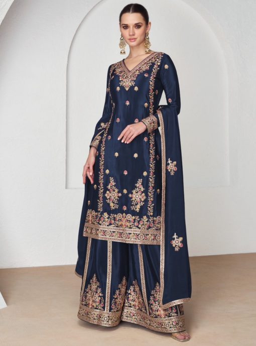 Navy Chinon Silk Embroidered Palazzo Suit