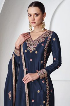 Alternative view of Navy Chinon Silk Embroidered Palazzo Suit