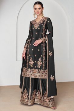 Black Chinon Silk Embroidered Palazzo Suit
