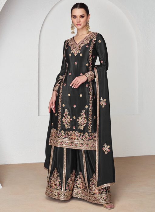 Black Chinon Silk Embroidered Palazzo Suit
