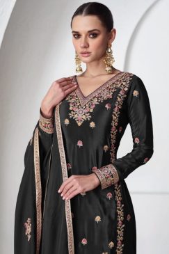 Alternative view of Black Chinon Silk Embroidered Palazzo Suit