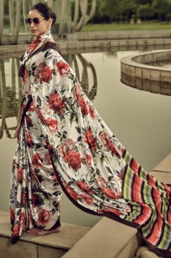 Red Floral Print Satin Silk Saree