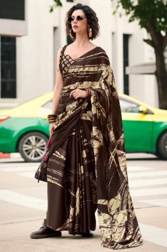 Brown Floral Print Satin Crepe Saree