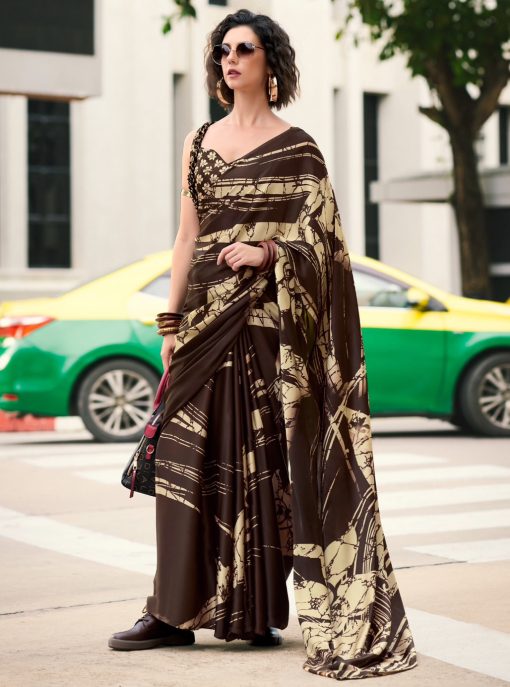 Brown Floral Print Satin Crepe Saree