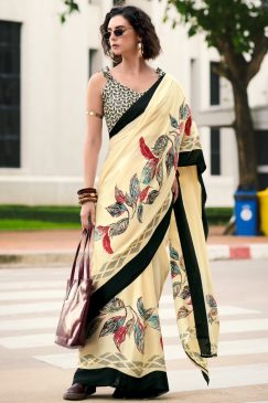Cream Floral Print Satin Crepe Saree