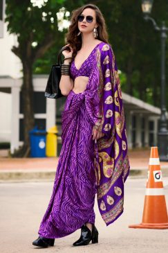Purple Floral Print Satin Crepe Saree