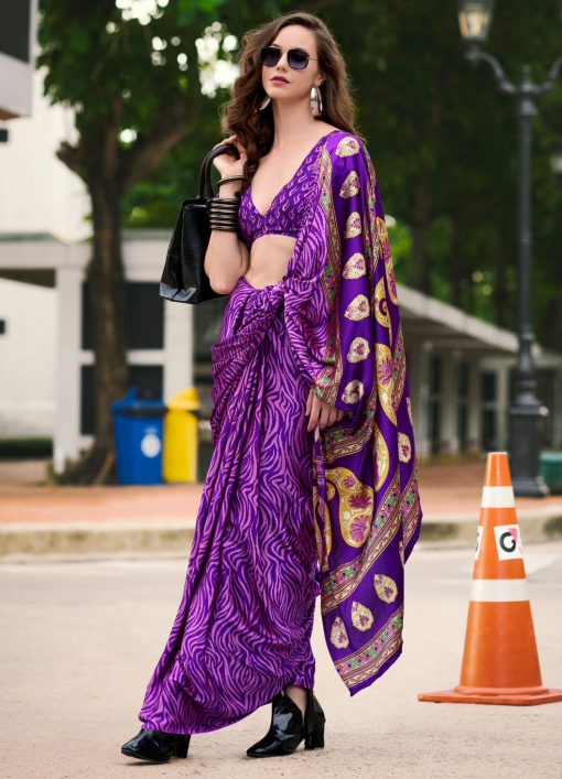 Purple Floral Print Satin Crepe Saree
