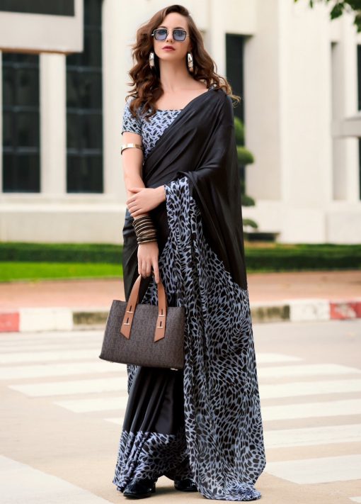 Black Floral Print Satin Crepe Saree