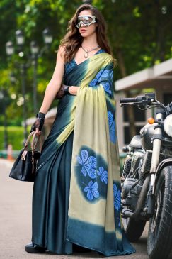 Teal Floral Print Satin Crepe Saree