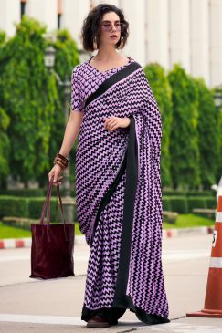 Purple Floral Print Satin Crepe Saree