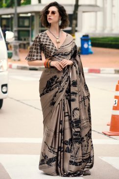 Light Brown Floral Print Satin Crepe Saree