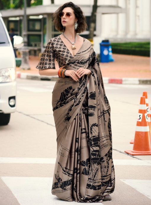 Light Brown Floral Print Satin Crepe Saree