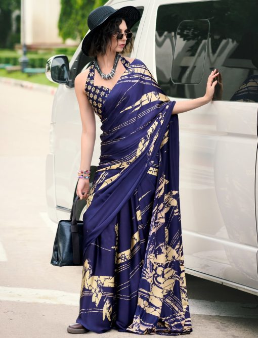 Blue Floral Print Satin Crepe Saree
