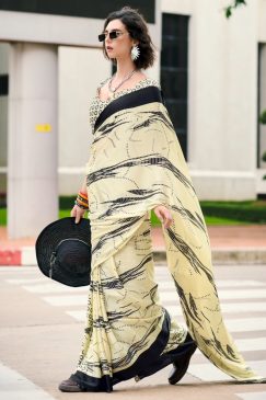 Cream Floral Print Satin Crepe Saree