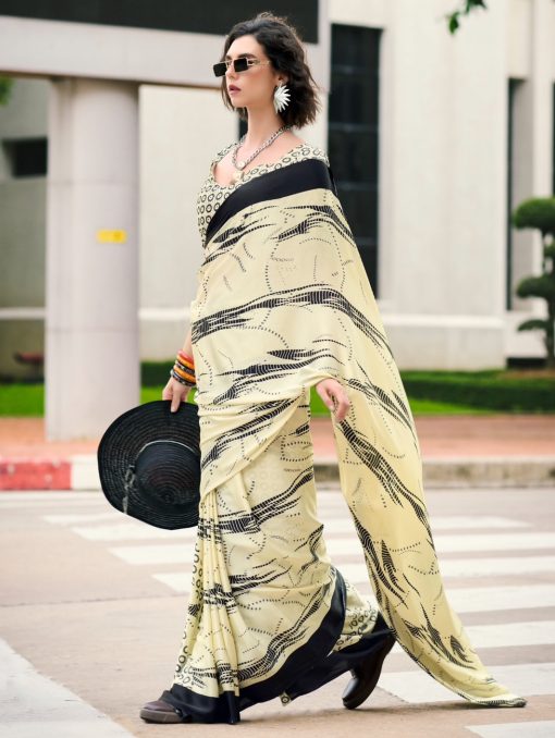 Cream Floral Print Satin Crepe Saree