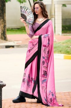 Pink Floral Print Satin Crepe Saree