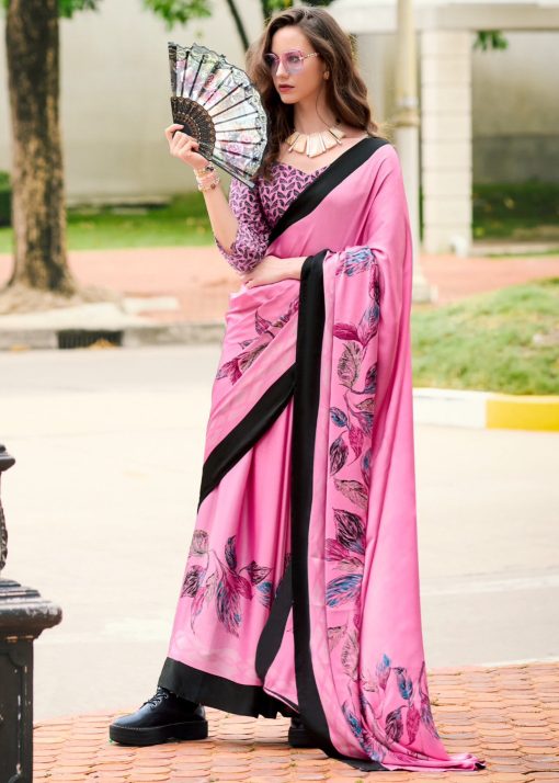 Pink Floral Print Satin Crepe Saree