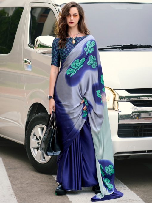 Blue Floral Print Satin Crepe Saree