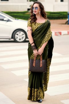 Green Floral Print Satin Crepe Saree