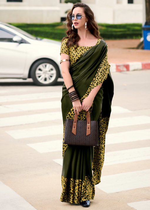 Green Floral Print Satin Crepe Saree