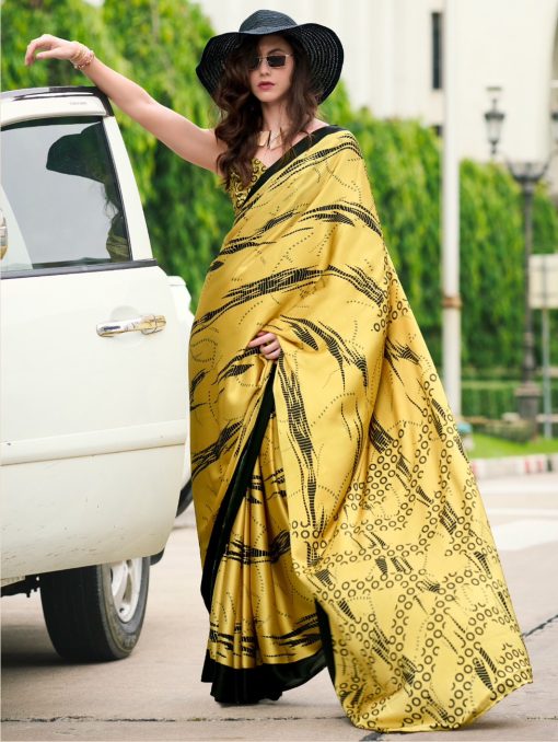 Yellow Floral Print Satin Crepe Saree