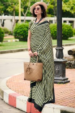 Lime Green Floral Print Satin Crepe Saree