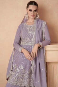 Alternative view of Lilac Chinon Silk Embroidered Sharara Suit