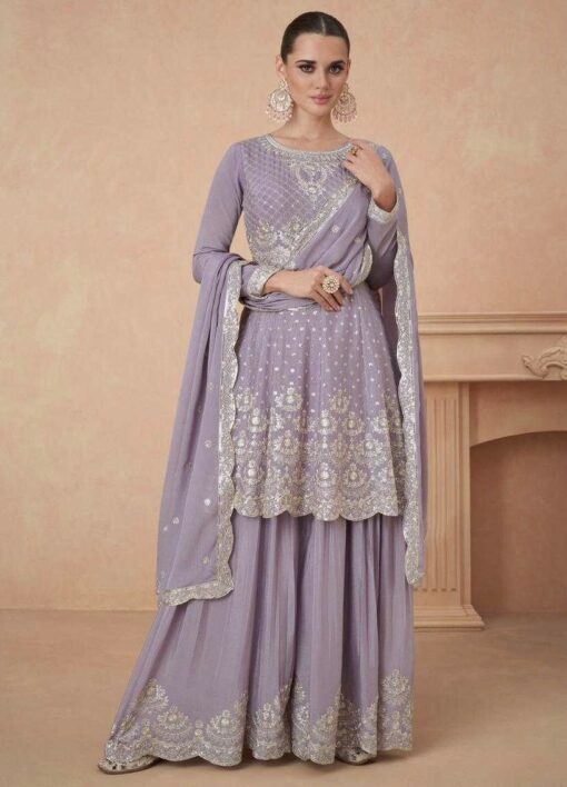Lilac Chinon Silk Embroidered Sharara Suit