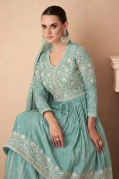 Alternative view of Blue Chinon Silk Embroidered Palazzo Suit