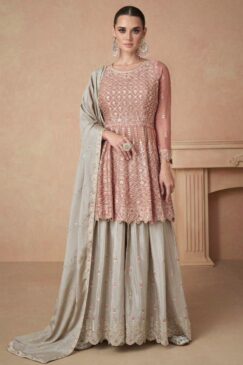 Peach And Beige Chinon Silk Embroidered Sharara Suit