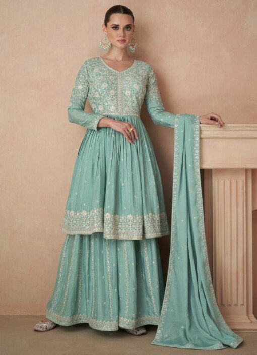 Blue Chinon Silk Embroidered Palazzo Suit
