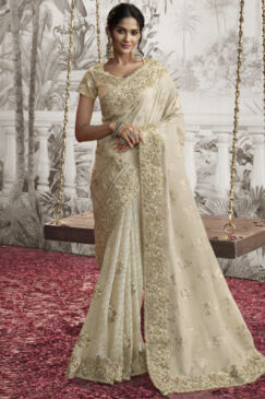 Off White Fancy Silk Wedding Reception Wear Saree