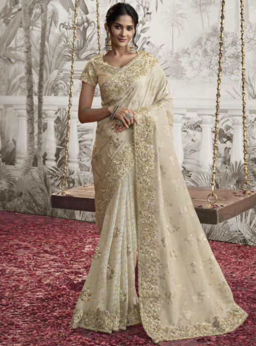 Off White Fancy Silk Wedding Reception Wear Saree